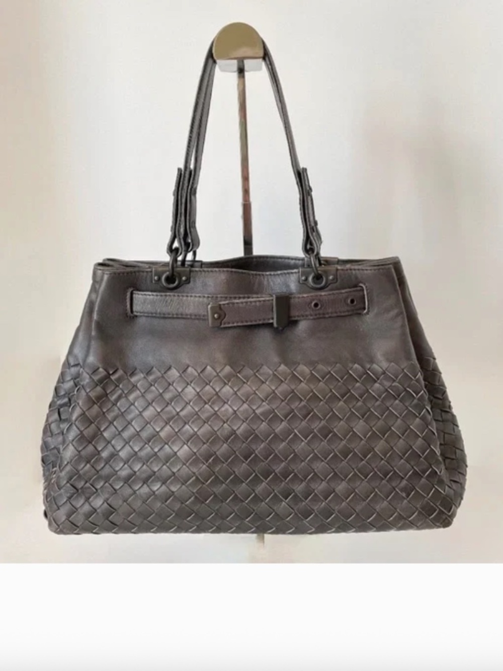 Bottega Veneta Intrecciato Belted Tote Bag Dark Gray Leather